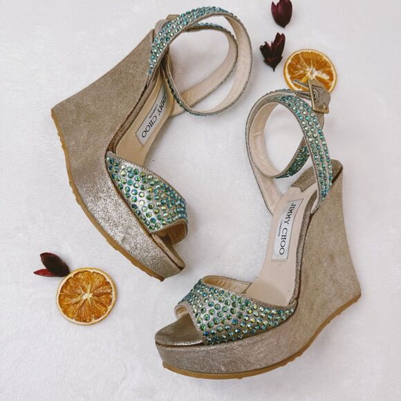 Jimmy Choo Shoes 35 Pablo Platform Wedge Mermaid Ankle Strap Metallic Crystal - Picture 1 of 11